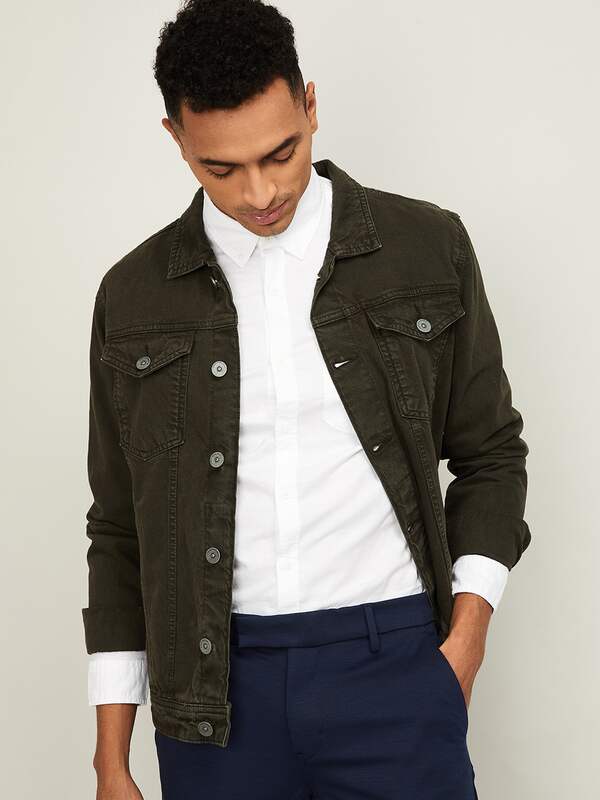 Olive Green For Men Denim Jeans Jackets 