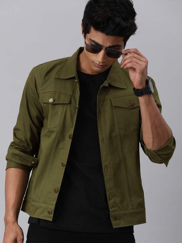 Olive Green For Men Denim Jeans Jackets 