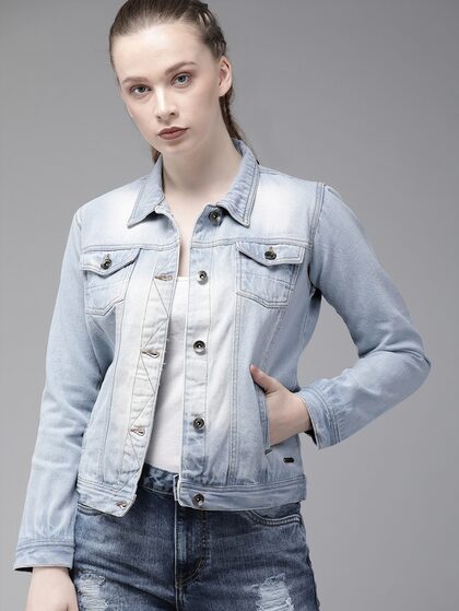 HERE\u0026NOW Women Blue Solid Denim Jacket 